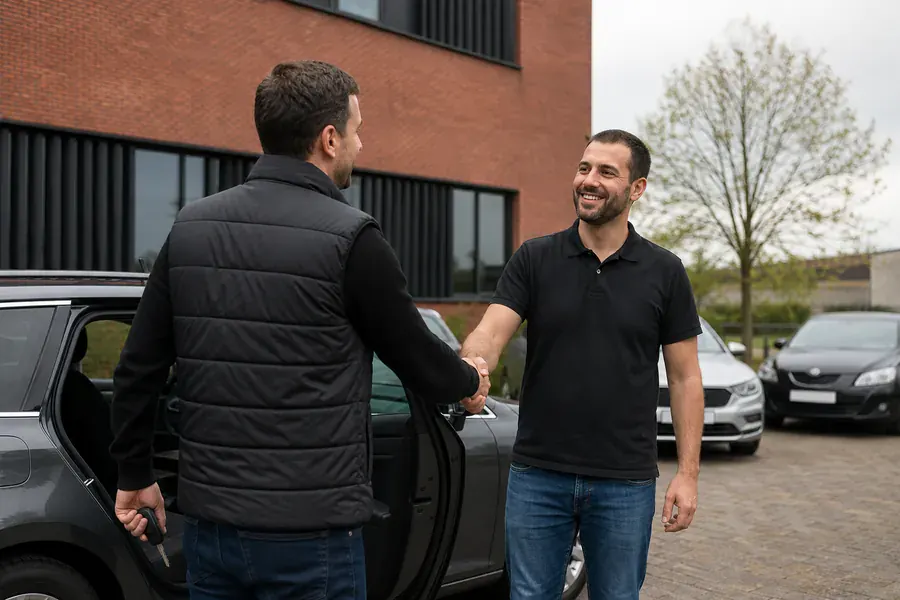Verkoper van Allcars 707 schudt een klant de hand naast een verkochte stationwagen